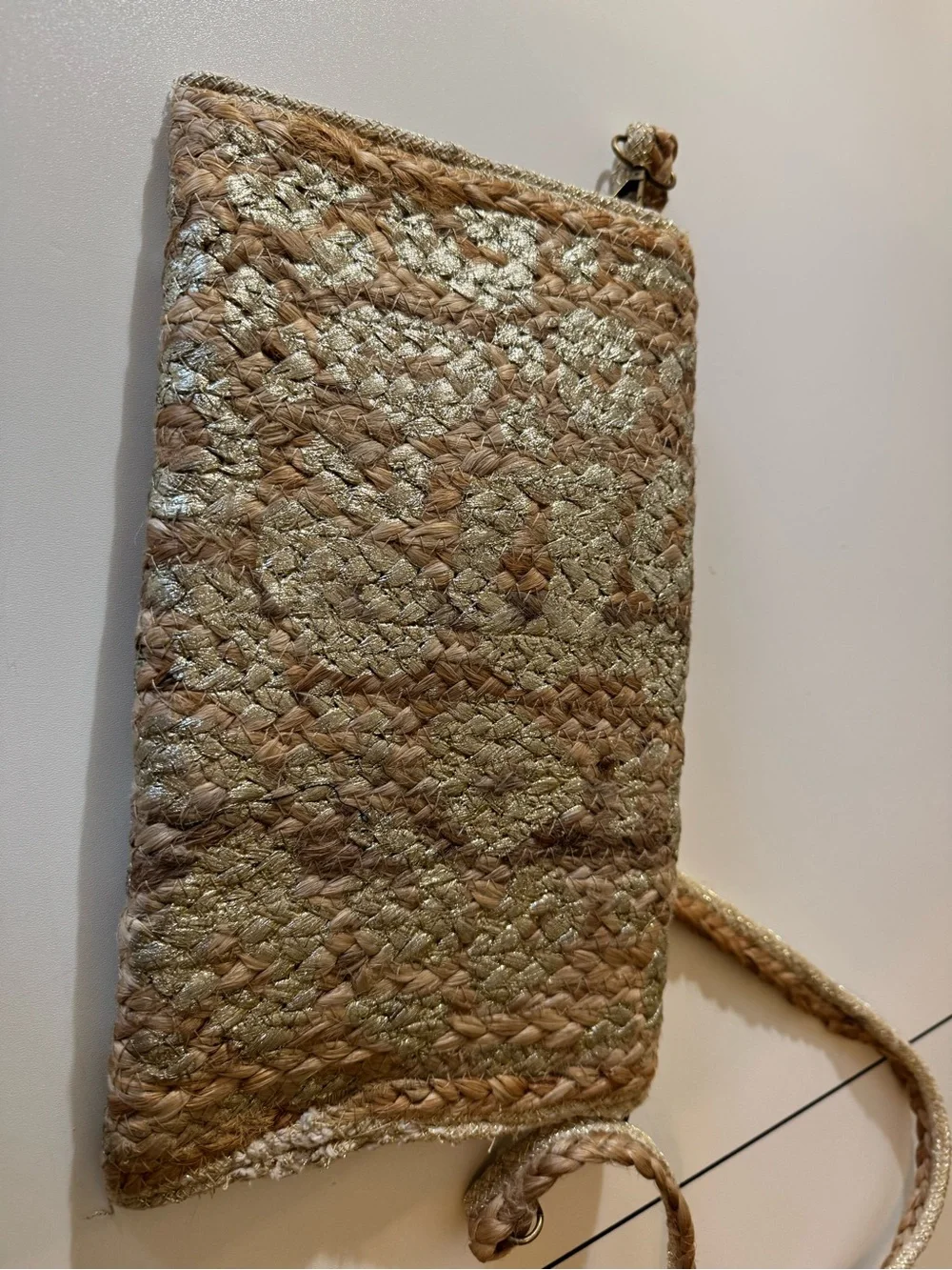 Metallic Gold Jute Raffia Woven Shoulder Bag Boho Beach Purse Made in India